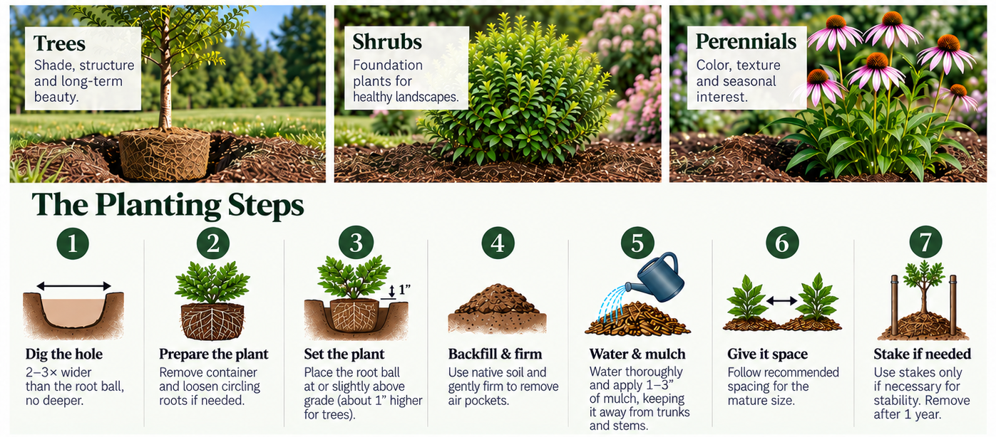 Tuesday's 76°F and dry air make it the best day of the week to plant rhododendrons, camellias, and hydrangeas. Dig the hole twice as wide as the rootball and only as deep, backfill with native soil (skip the amendments), and top with three inches of arborist chips pulled two inches back from the trunk. Friday's rain will handle the first watering.
